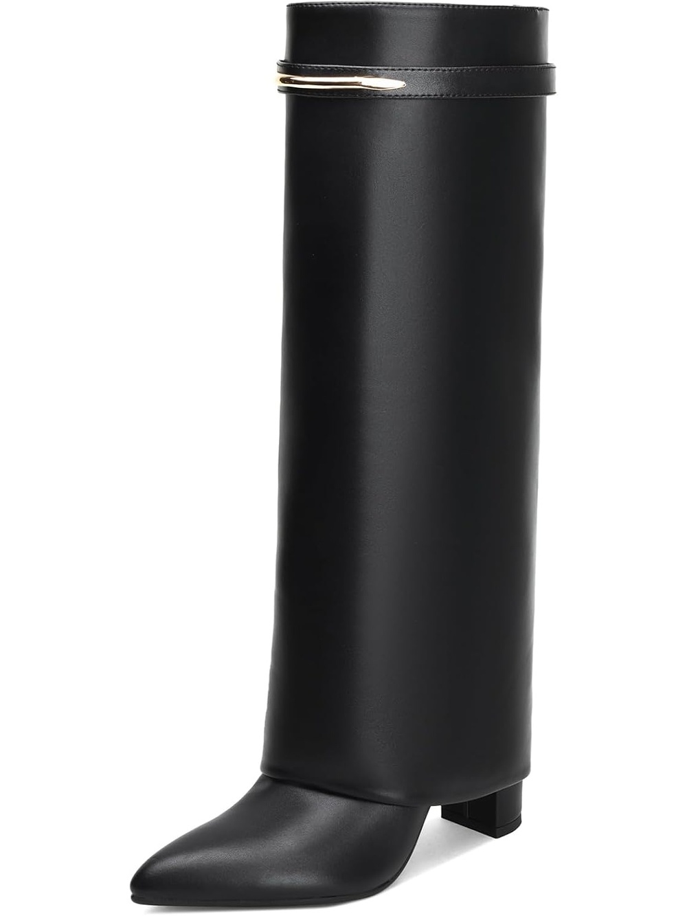 Women's Black Pu Fold Over Shark Chunky Heel Half Side Zipper Knee High Boots